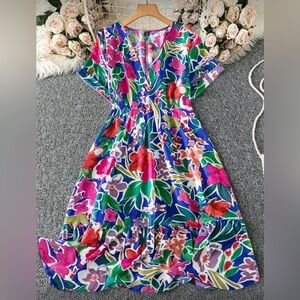 SHEIN Blue Multicolor Floral V-Neck Midi Dress